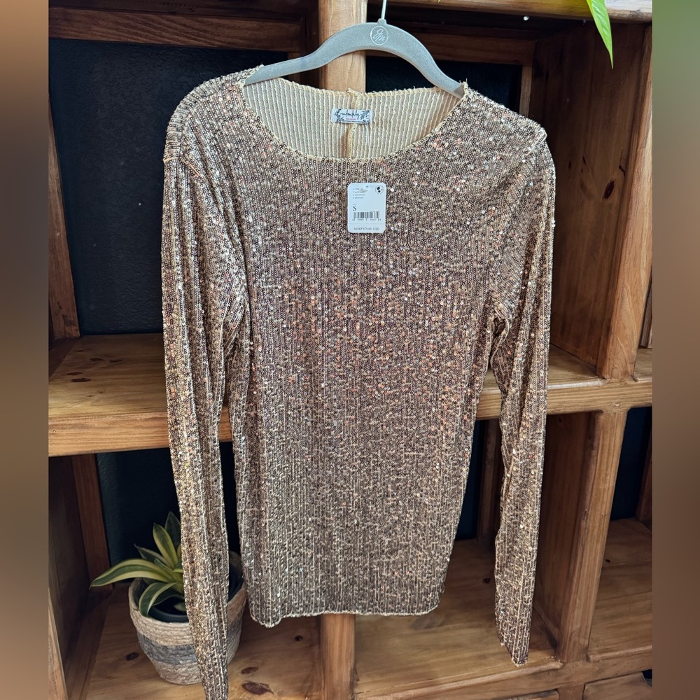 NWT Free People Gold Rush Sequin Long Sleeve top